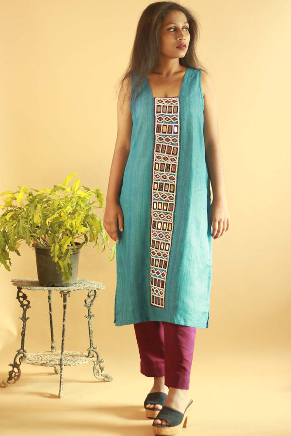 Azure Blue Silk Kurta with Mirrorwork