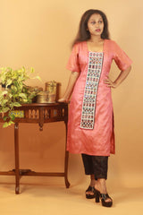 Salmon Pink Silk Kurta with Mirrorwork