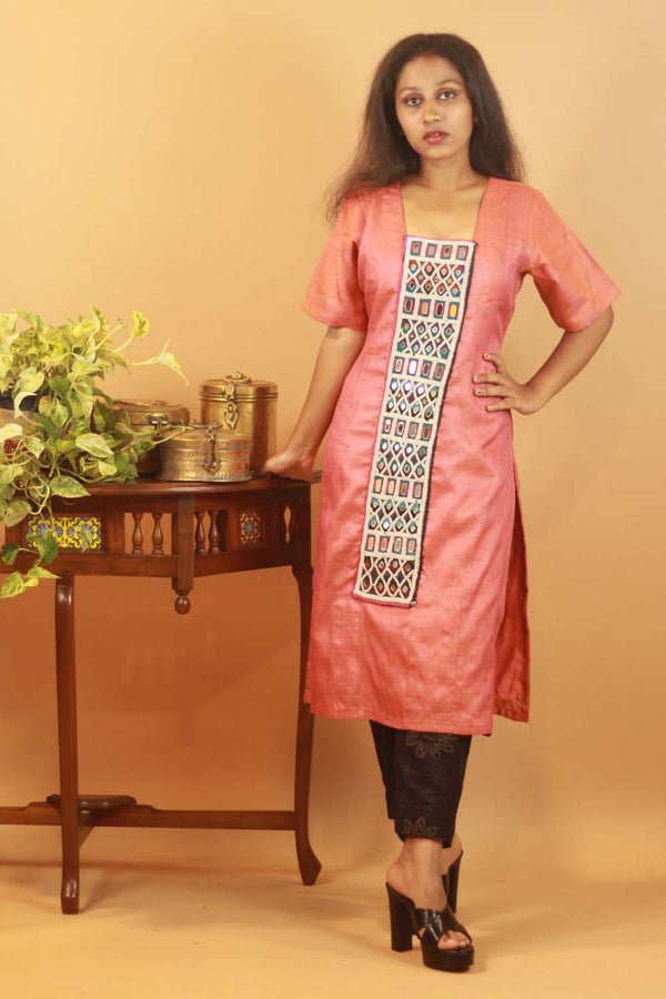 Salmon Pink Silk Kurta with Mirrorwork