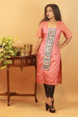 Salmon Pink Silk Kurta with Mirrorwork