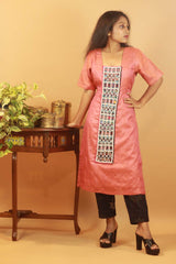 Salmon Pink Silk Kurta with Mirrorwork