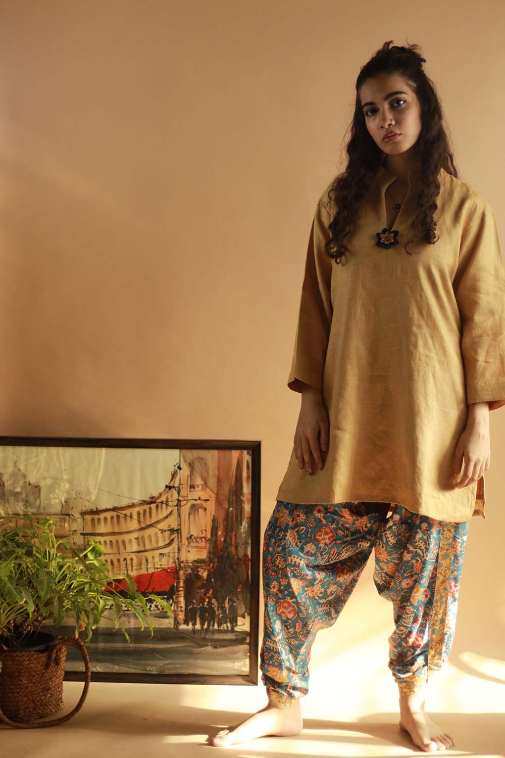 Short Kurta in Beige Linen