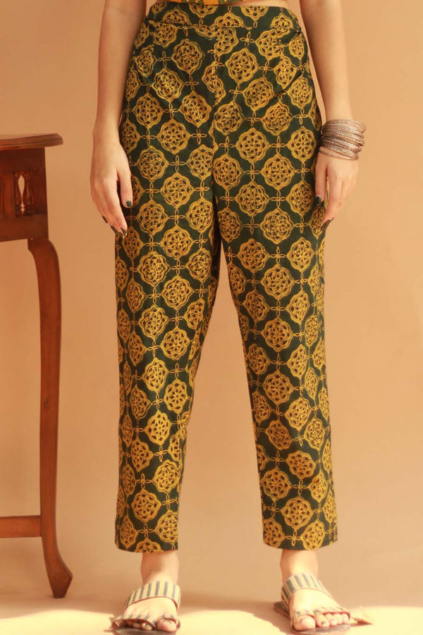 Pranava | Slim Pants |  Green Lattice Ajrakh