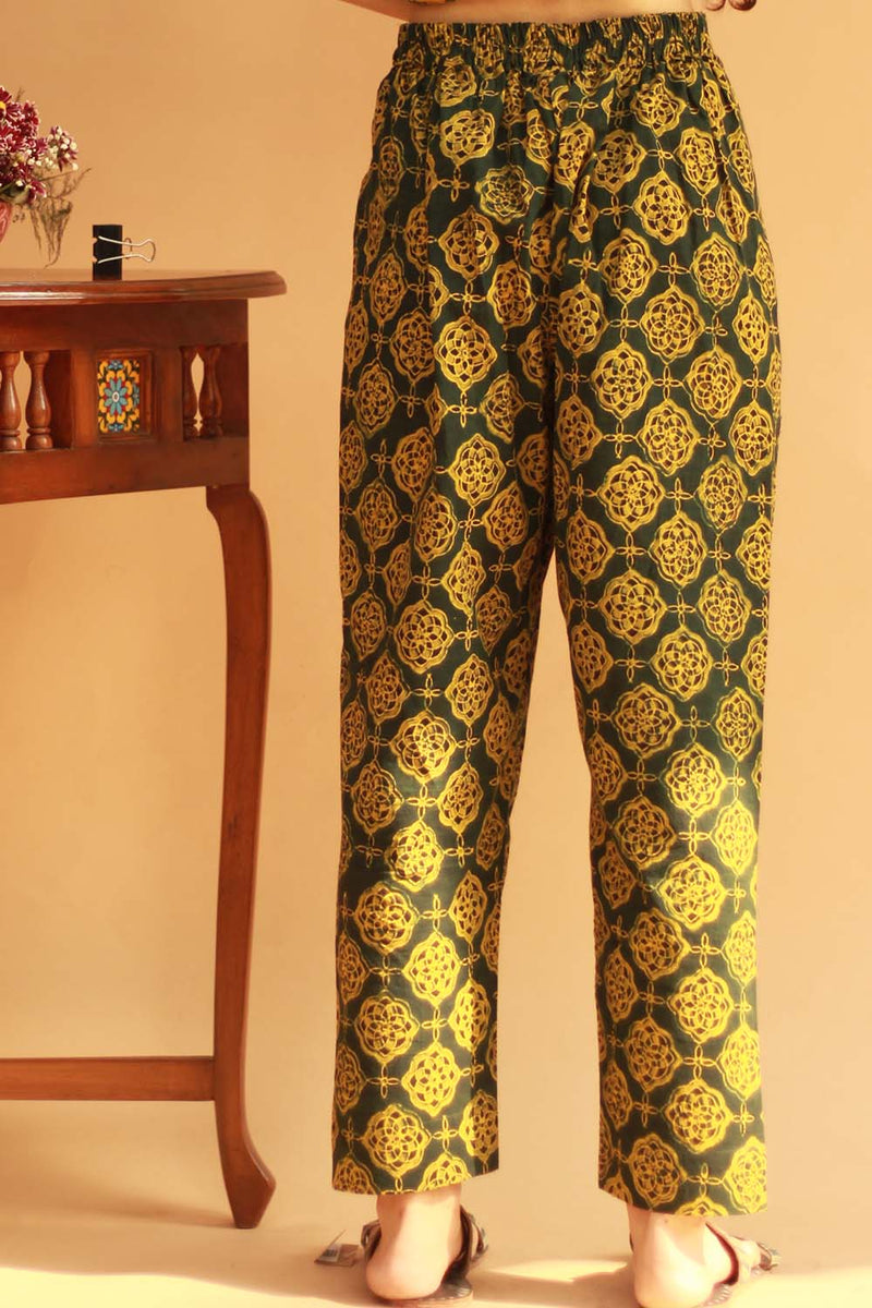 Pranava | Slim Pants |  Green Lattice Ajrakh