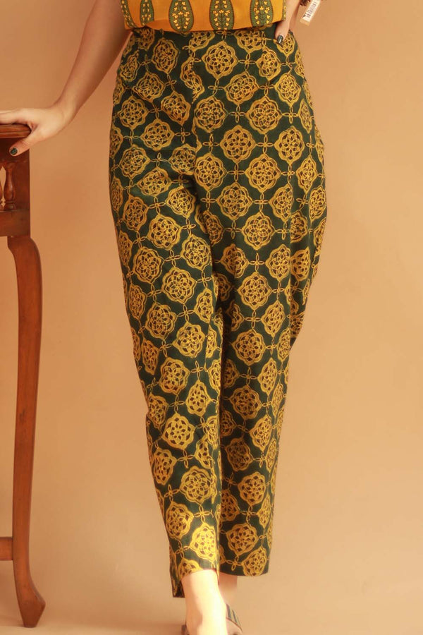 Pranava | Slim Pants |  Green Lattice Ajrakh