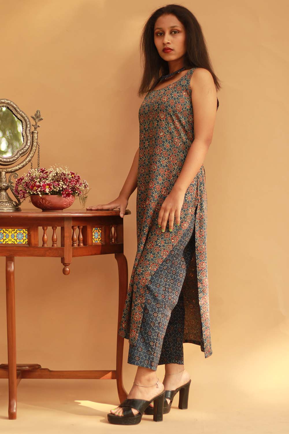 Pranava | Slim Pants |  Blue Ajrakh Trellis