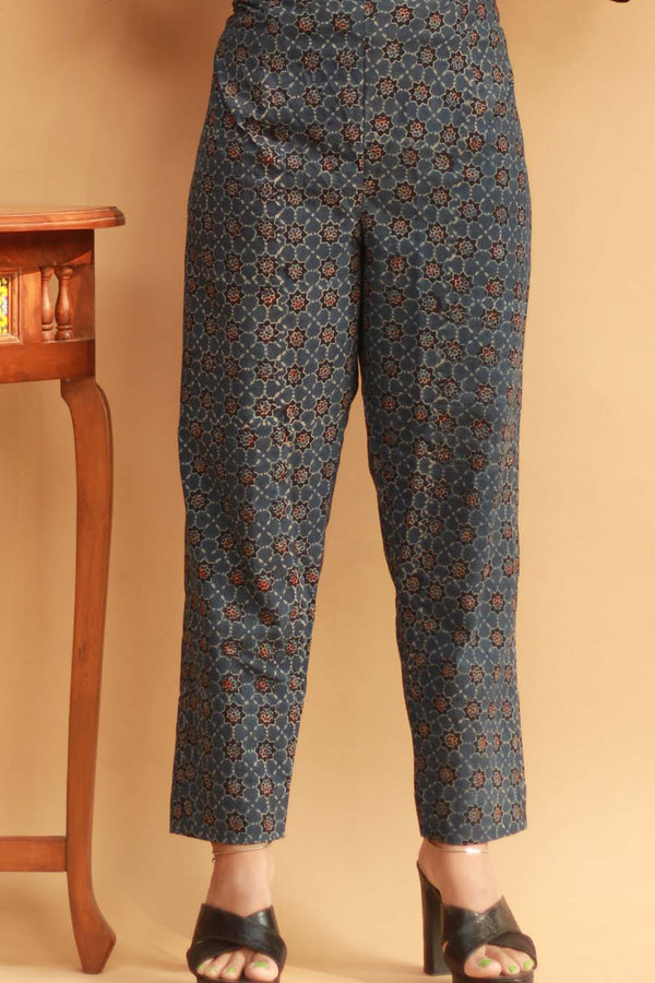 Pranava | Slim Pants |  Blue Ajrakh Trellis