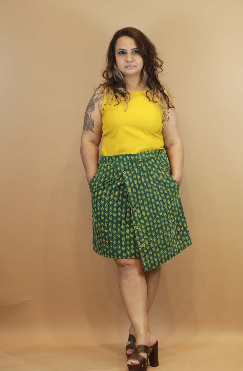 Wrap Around Corduoroy Skirt - Forest Green Ajrakh