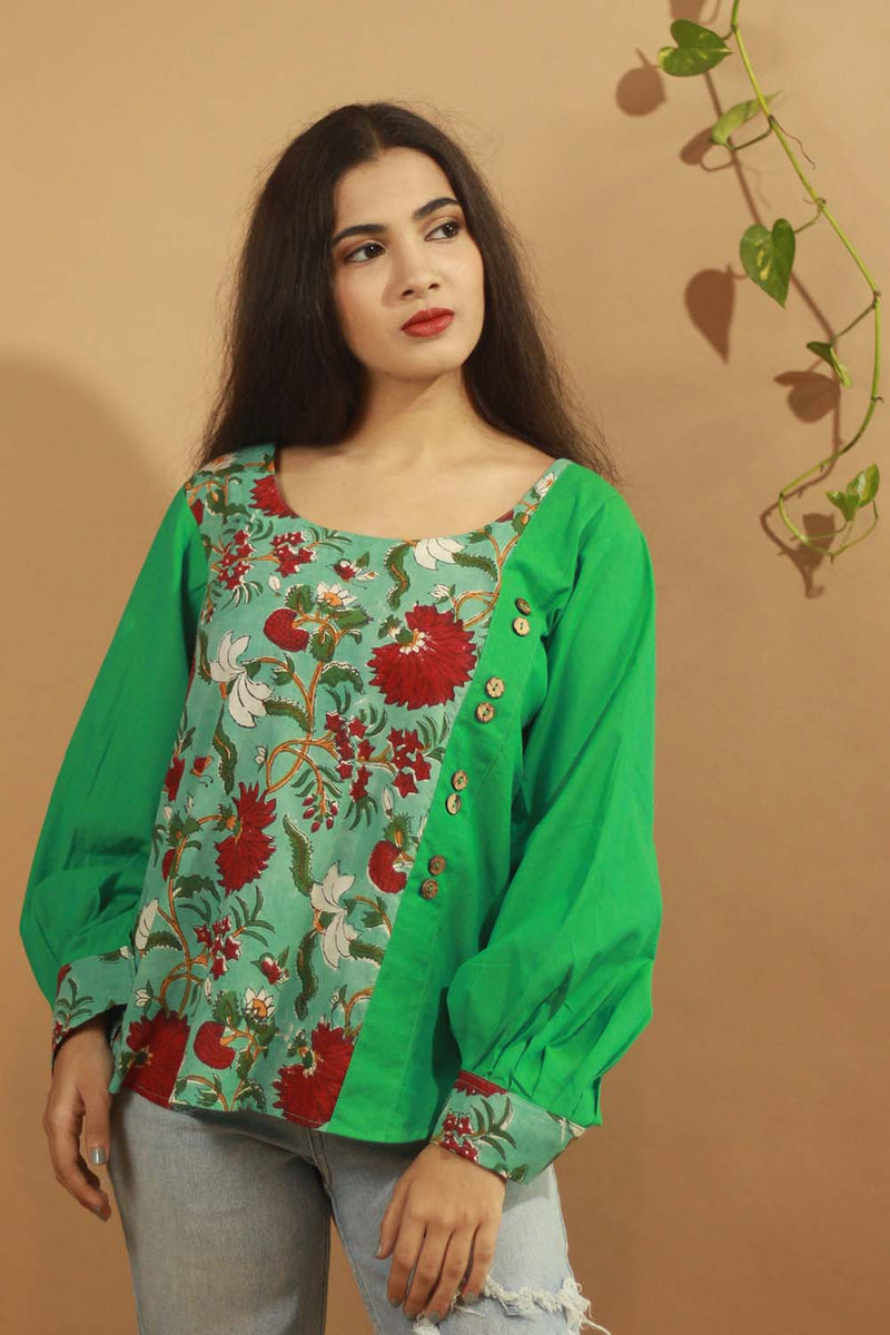 Teal Sanganeri Colour Block Top