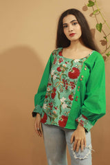 Teal Sanganeri Colour Block Top