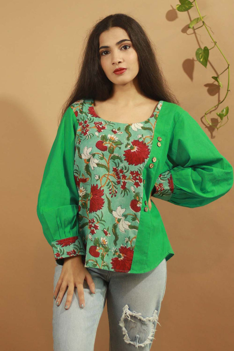Teal Sanganeri Colour Block Top