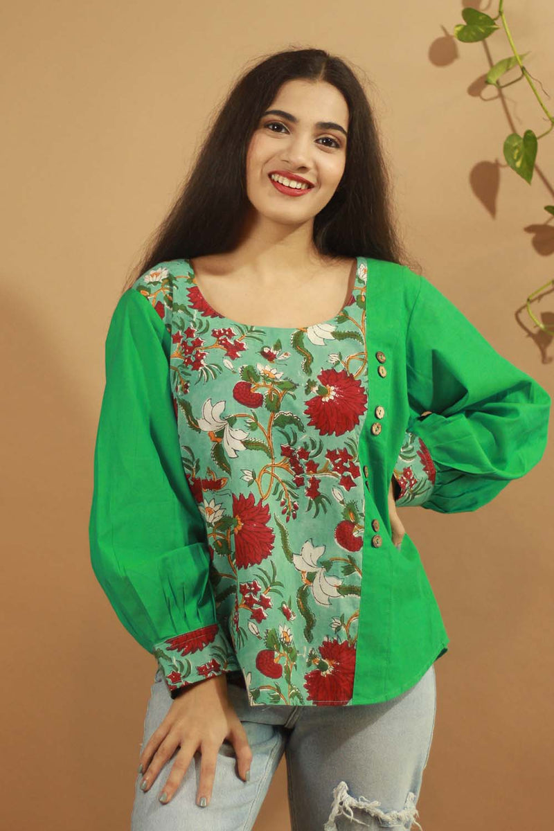 Teal Sanganeri Colour Block Top