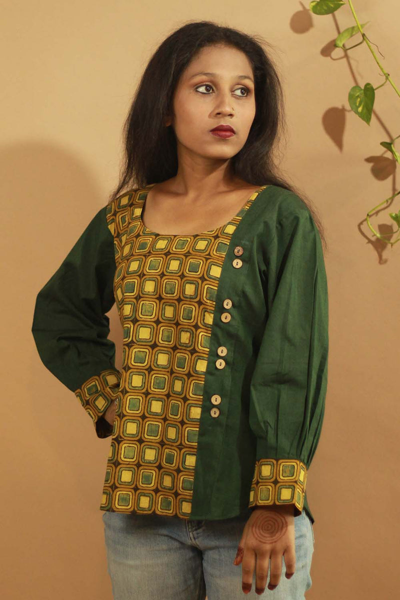 Emerald-Ajrakh Colour Block Top