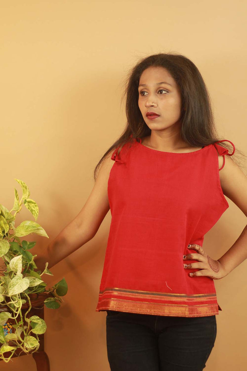 Sleeveless Tied Top - Red Zari