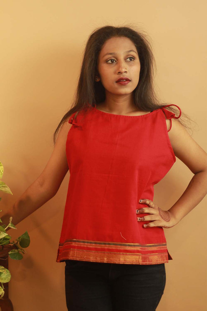 Sleeveless Tied Top - Red Zari
