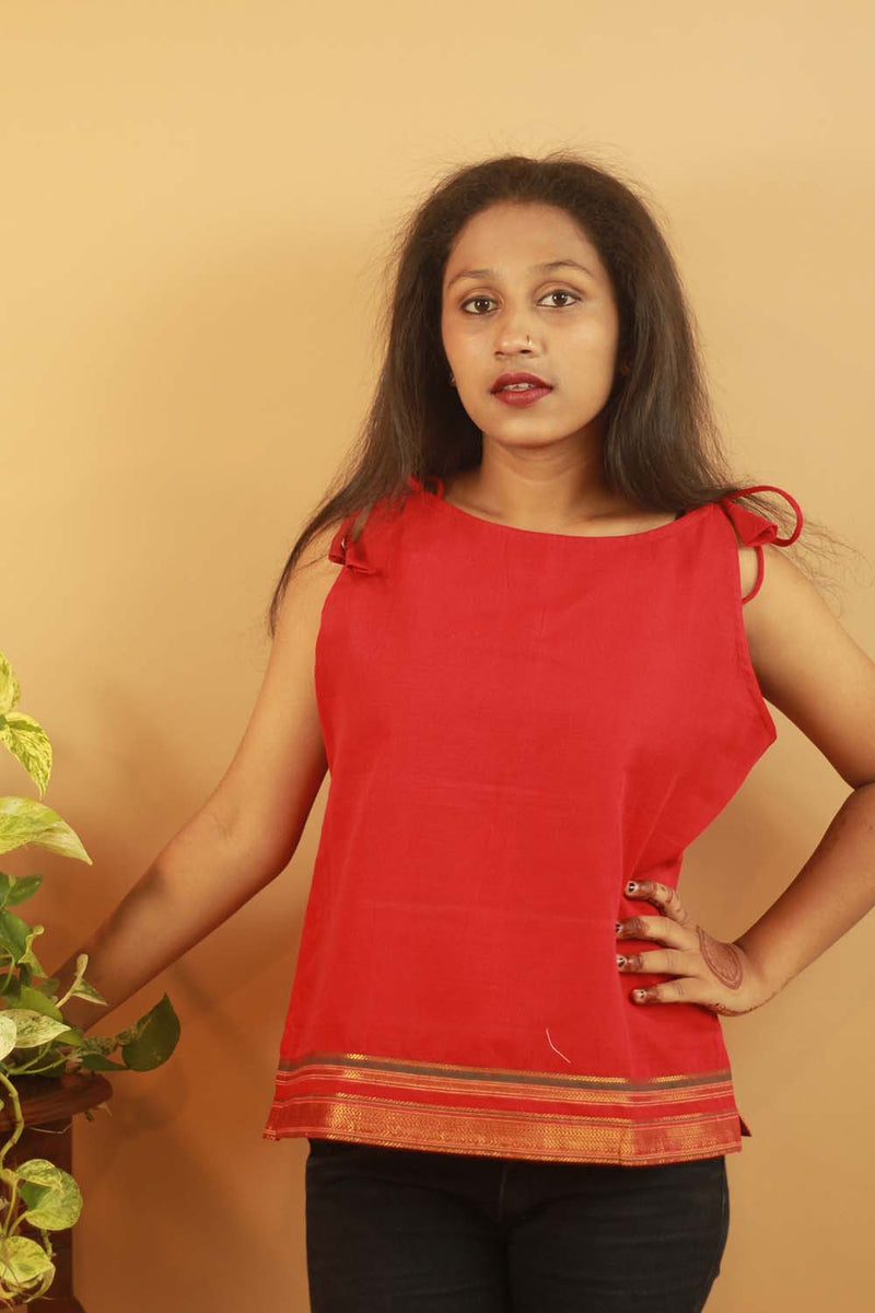 Sleeveless Tied Top - Red Zari