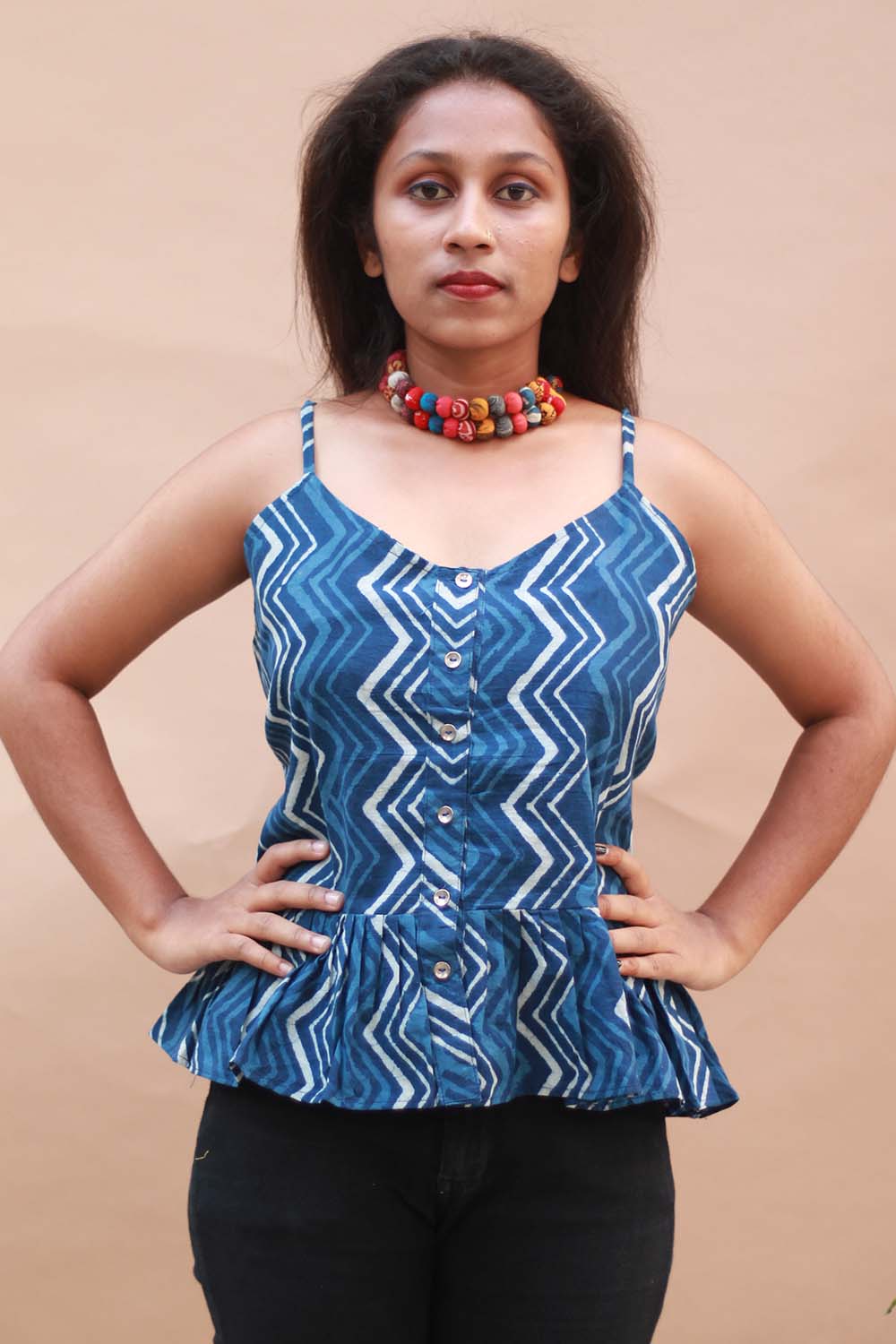 Strappy Peplum Top- Indigo Chevron