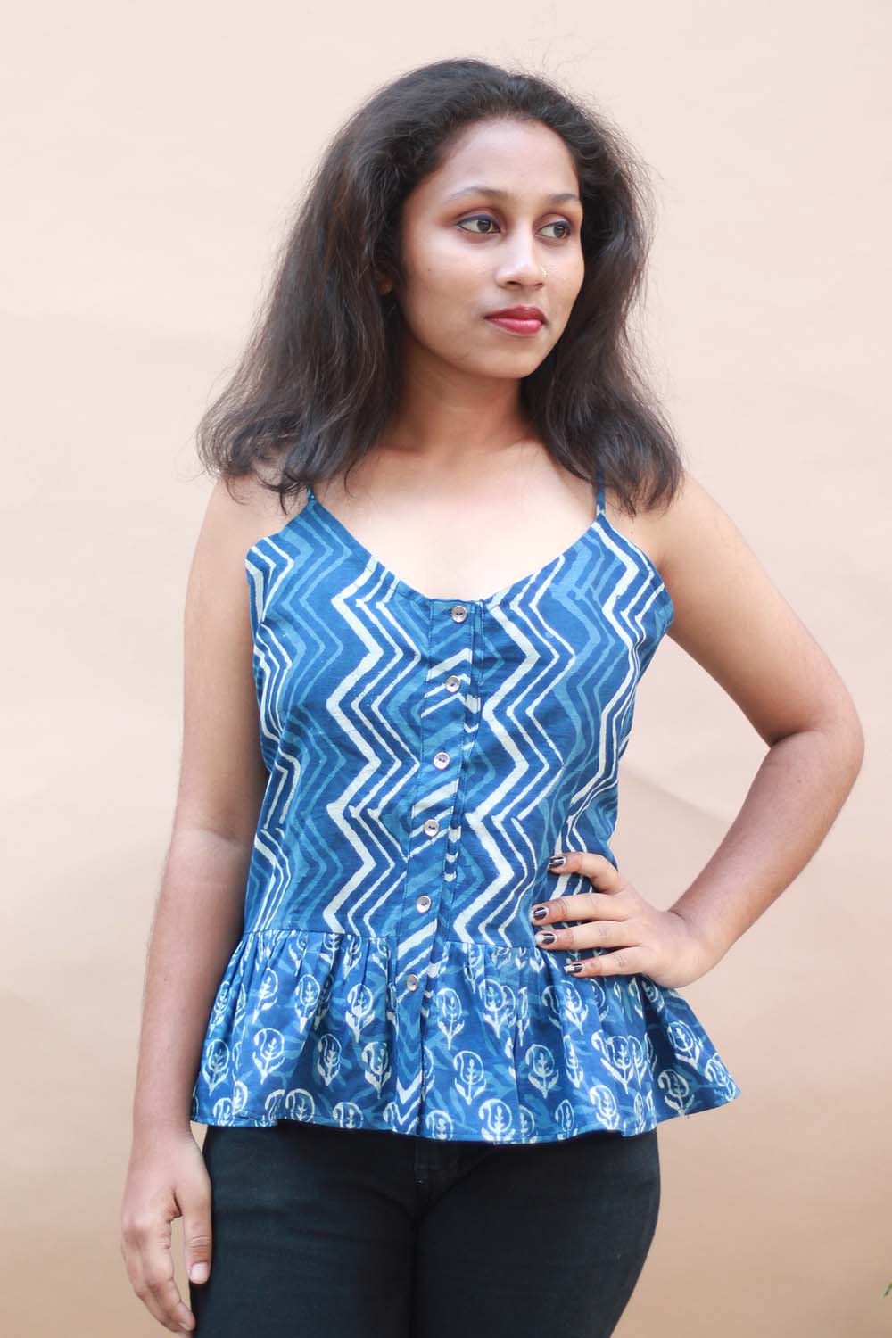 Strappy Peplum Top- Indigo Chevron with Kairi