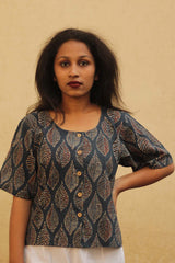 Ajrakh Top with Blue Leaf