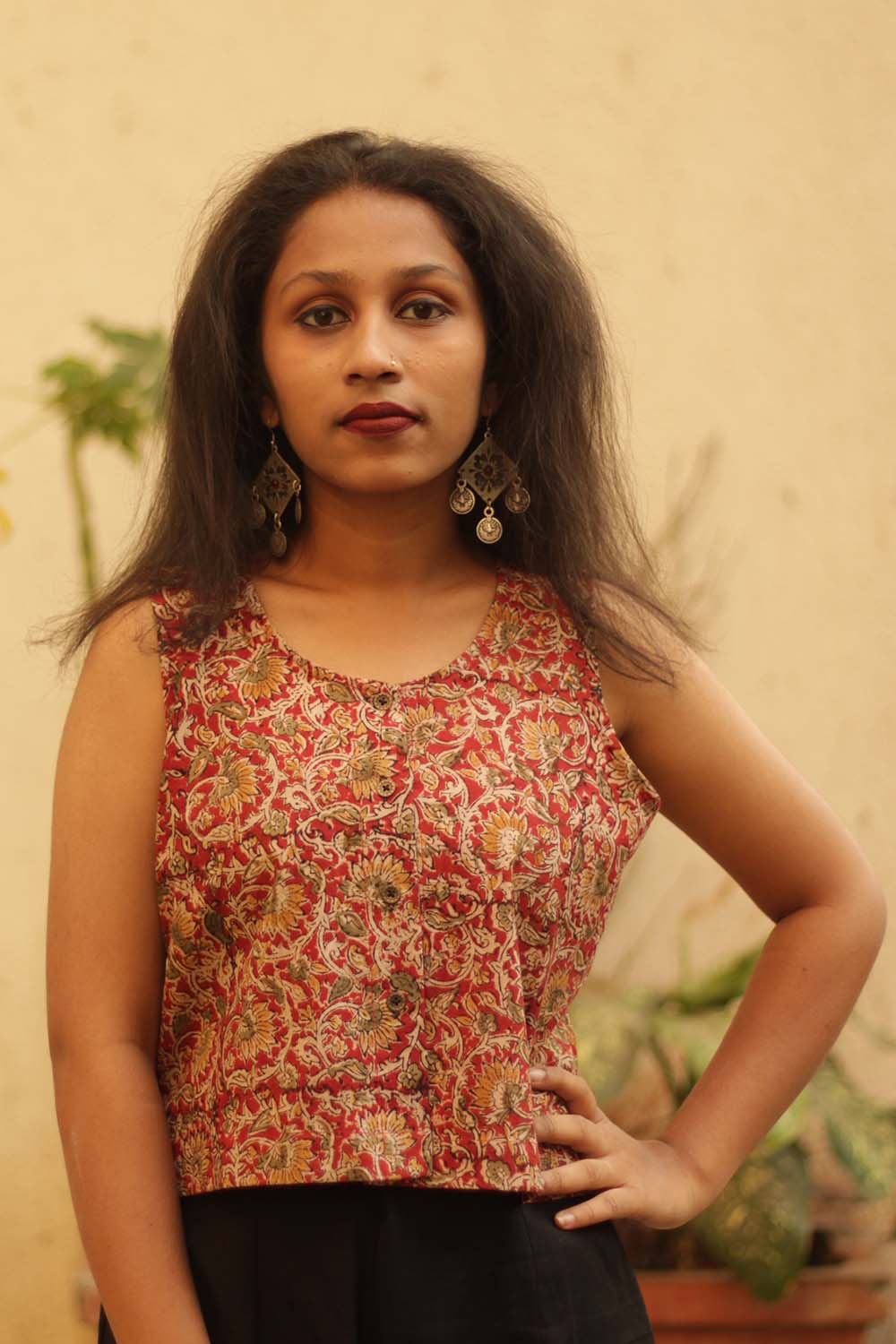 Buttoned Vest | Red Kalamkari