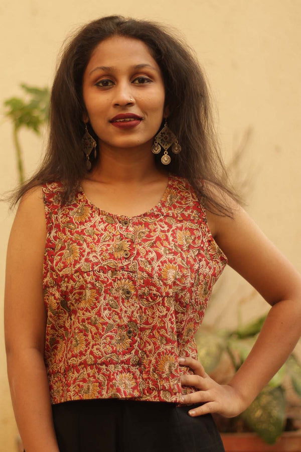 Buttoned Vest- Red Kalamkari