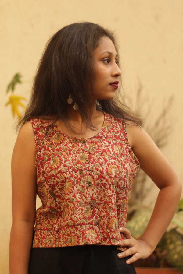 Buttoned Vest- Red Kalamkari