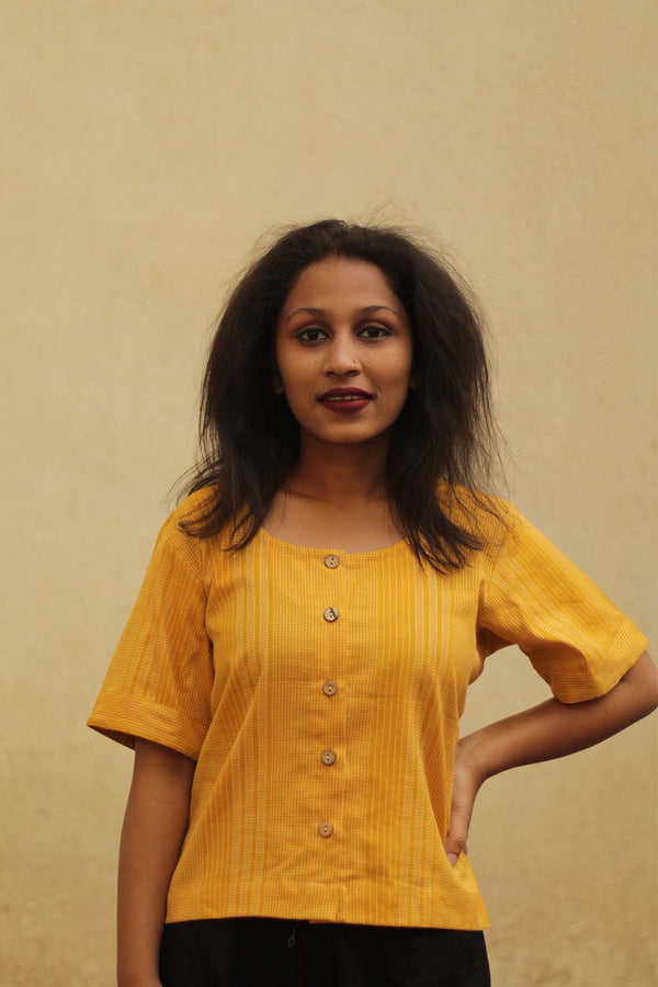 Front Buttoned Top in Yellow Kantha