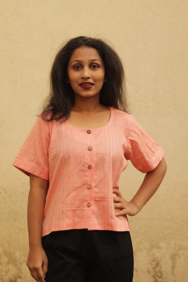Front Buttoned Top in Peach Kantha