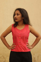 Front Buttoned Vest in Coral Red