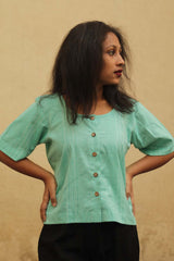 Front Buttoned Top in Pistachio Kantha