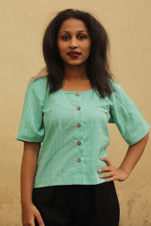 Front Buttoned Top in Pistachio Kantha