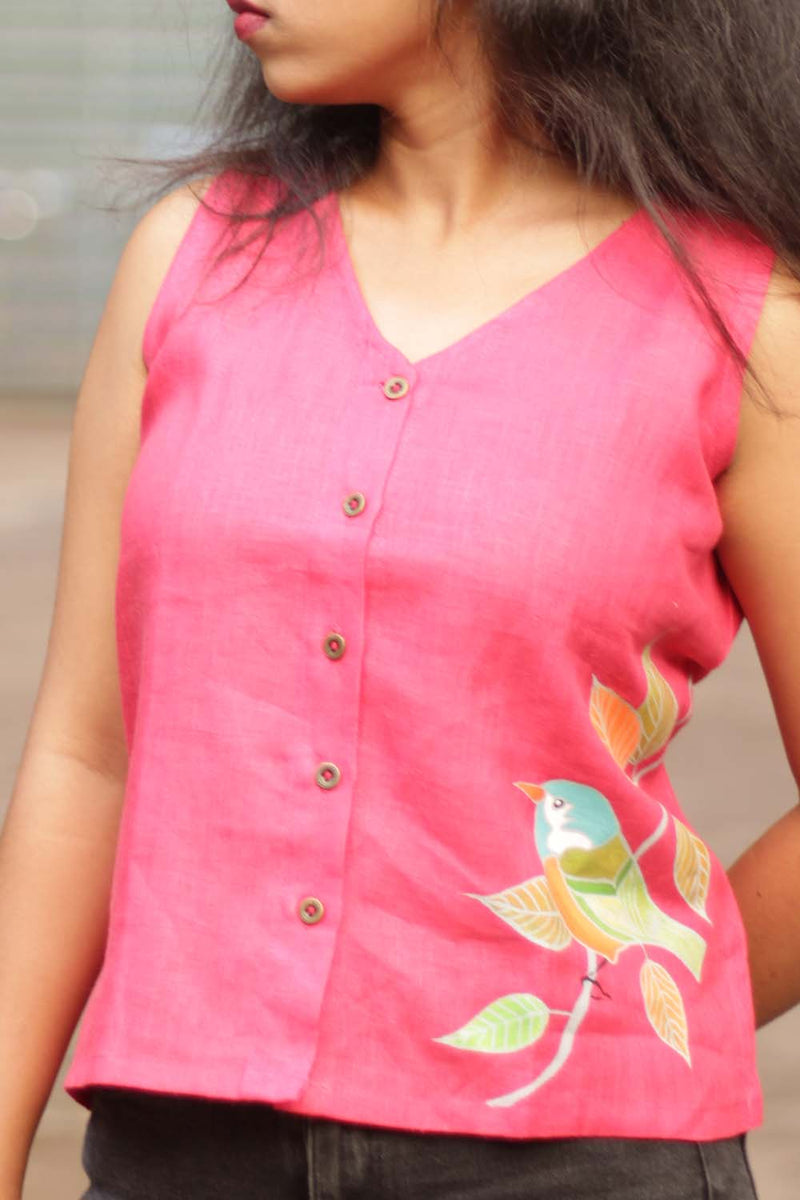The Birdsong Linen Top- Red