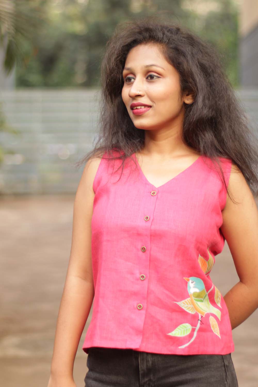 The Birdsong | Linen Hand Painted Top | Red