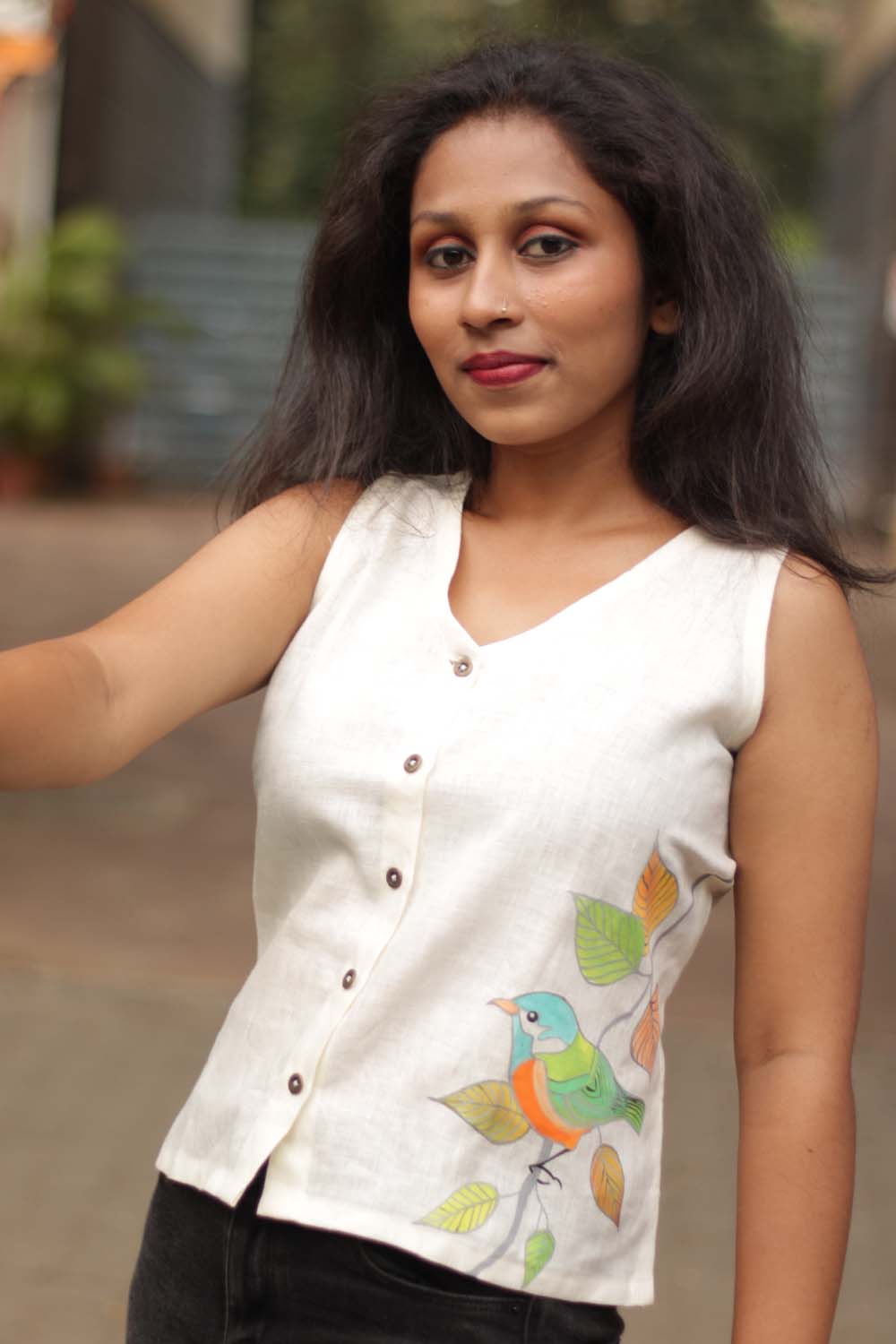 The Birdsong | Linen Hand Painted Top | Ivory