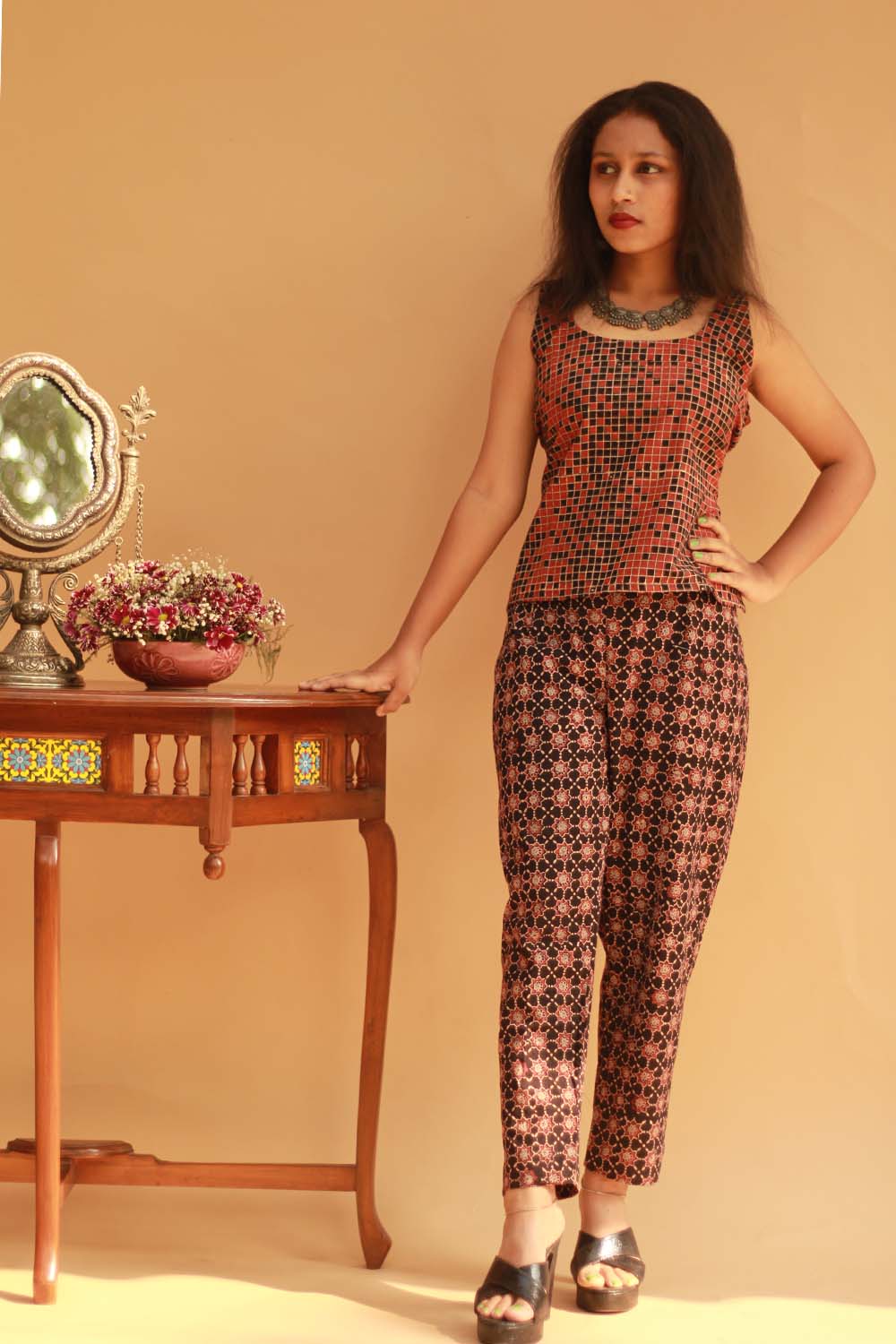 Pranava | Slim Pants |  Noir Trellis Ajrakh