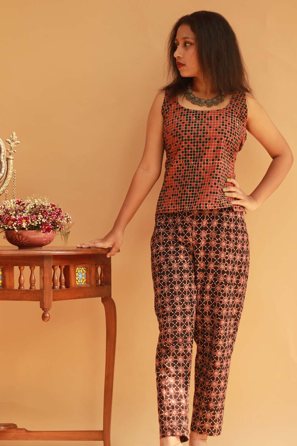 Pranava | Slim Pants |  Noir Trellis Ajrakh