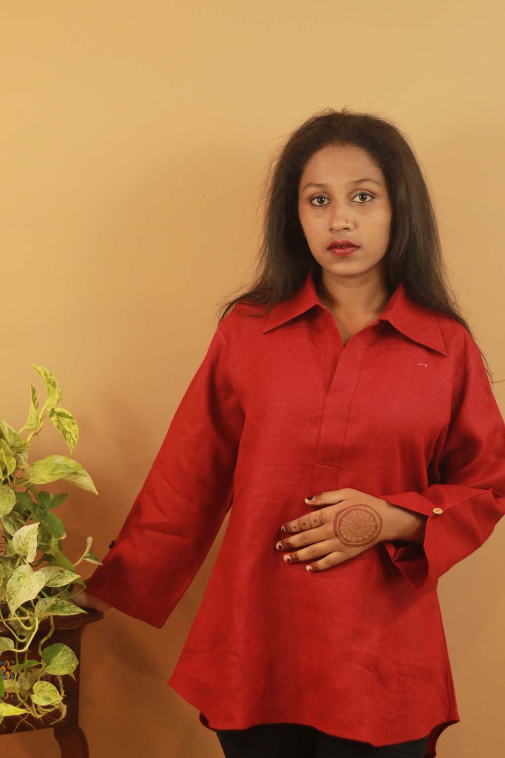 Short Linen Tunic- Crimson