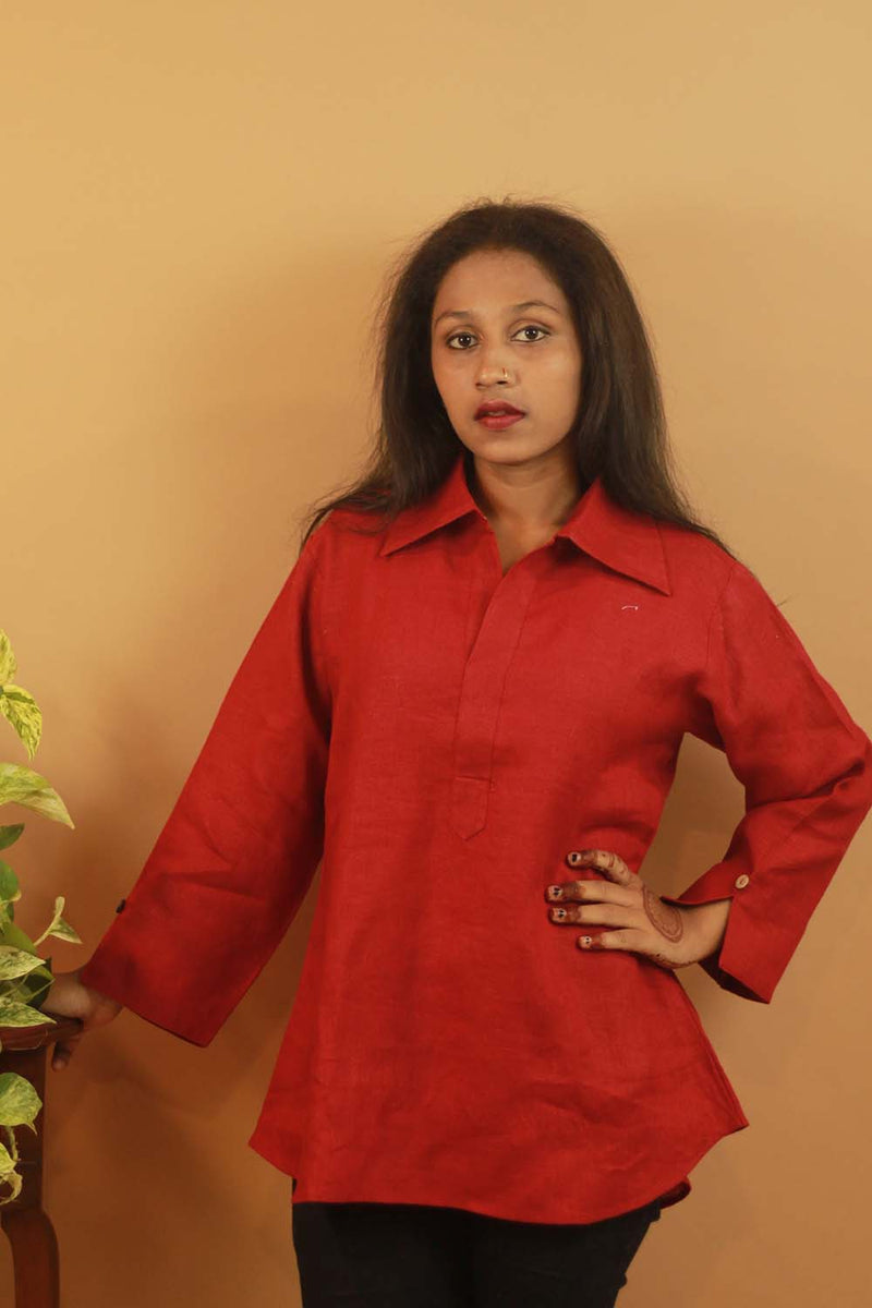 Short Linen Tunic- Crimson