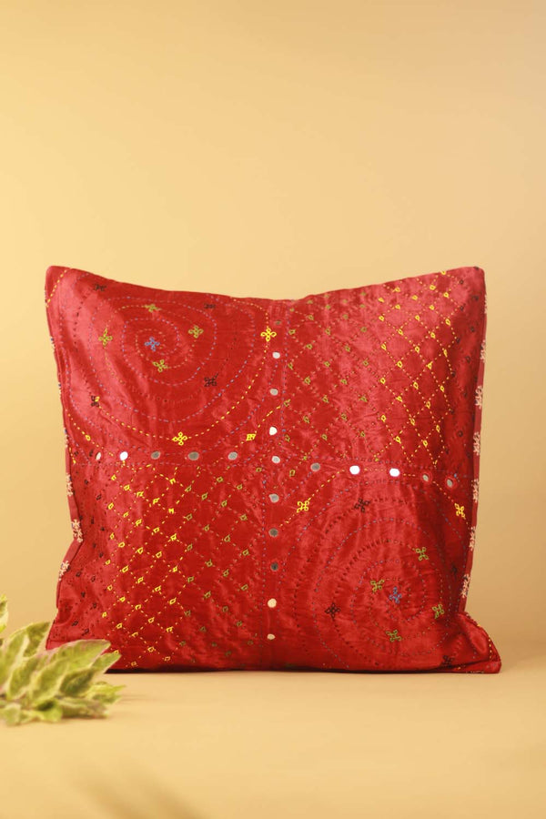 16" Square Cushion Cover | Embroidered Silk | Red