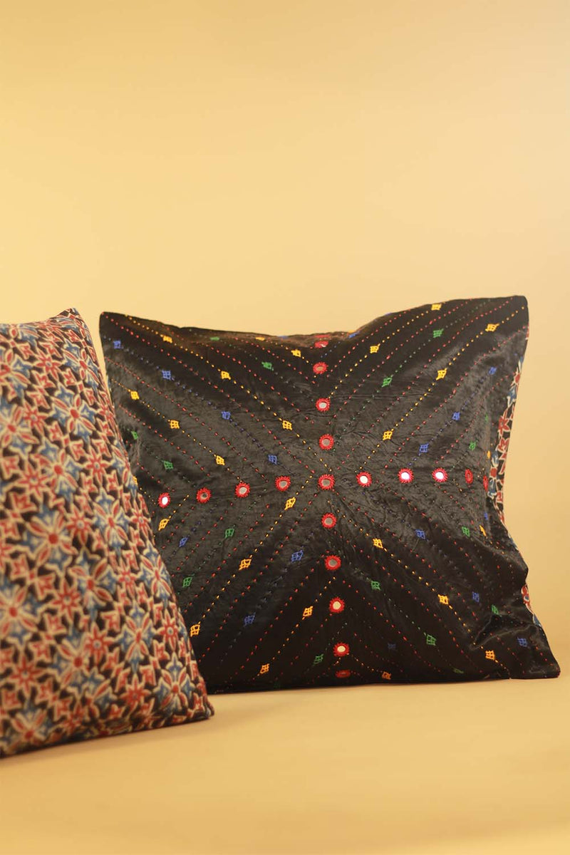 16" Square Cushion Cover | Embroidered Silk | Black