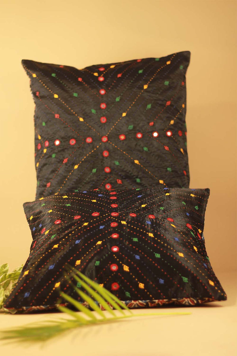 16" Square Cushion Cover | Embroidered Silk | Black