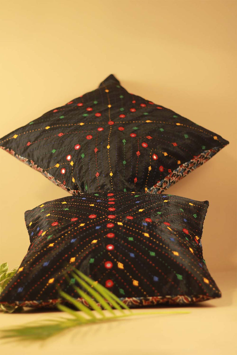 16" Square Cushion Cover | Embroidered Silk | Black