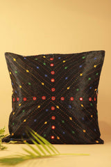 16" Square Cushion Cover | Embroidered Silk | Black