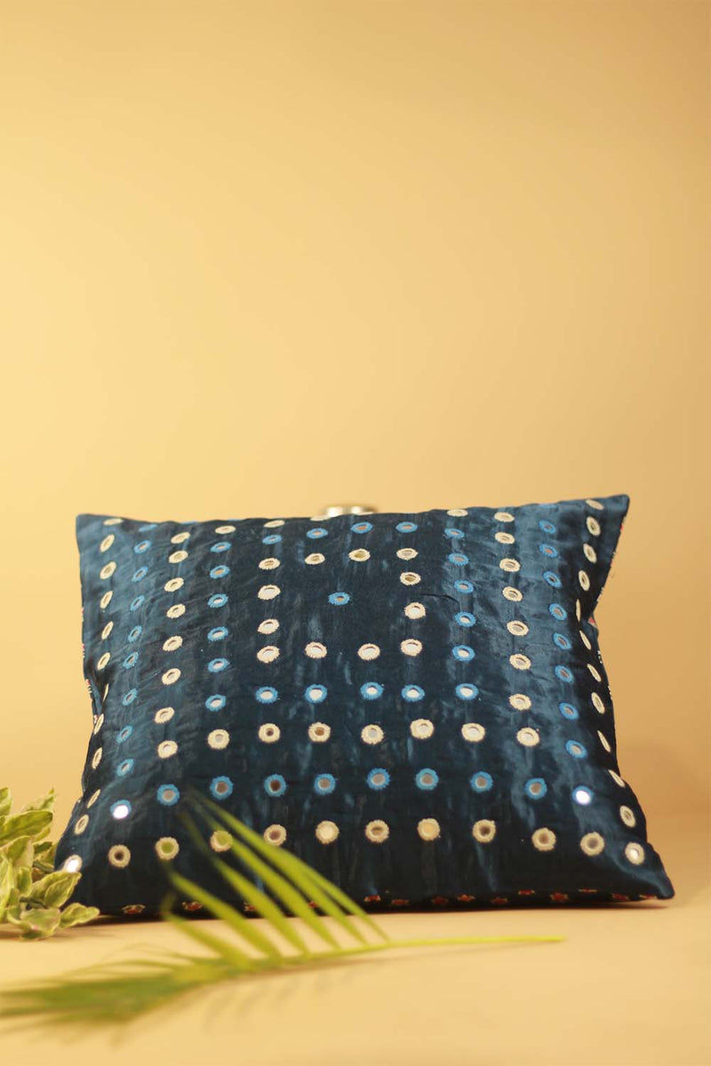 16" Square Cushion Cover | Embroidered Silk | Navy