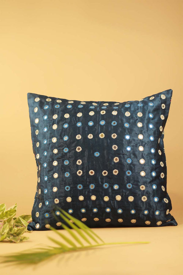 16" Square Cushion Cover | Embroidered Silk | Navy