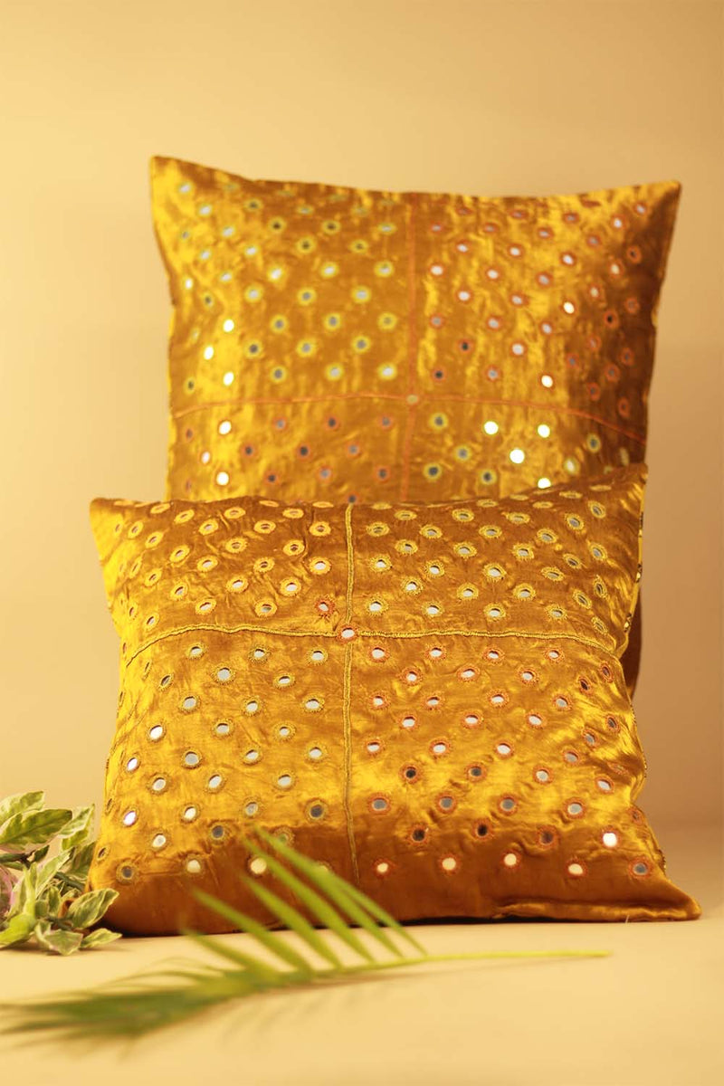 16" Square Cushion Cover | Embroidered Silk | Gold