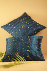 16" Square Cushion Cover | Embroidered Silk | Navy