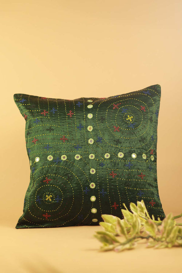 16" Square Cushion Cover | Embroidered Silk | Green