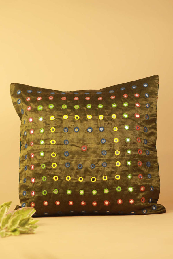 16" Square Cushion Cover | Embroidered Silk | Olive