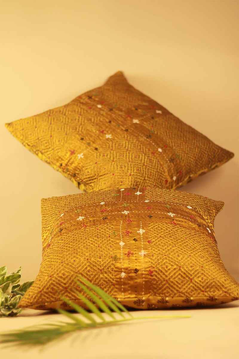 16" Square Cushion Cover | Embroidered Silk | Gold